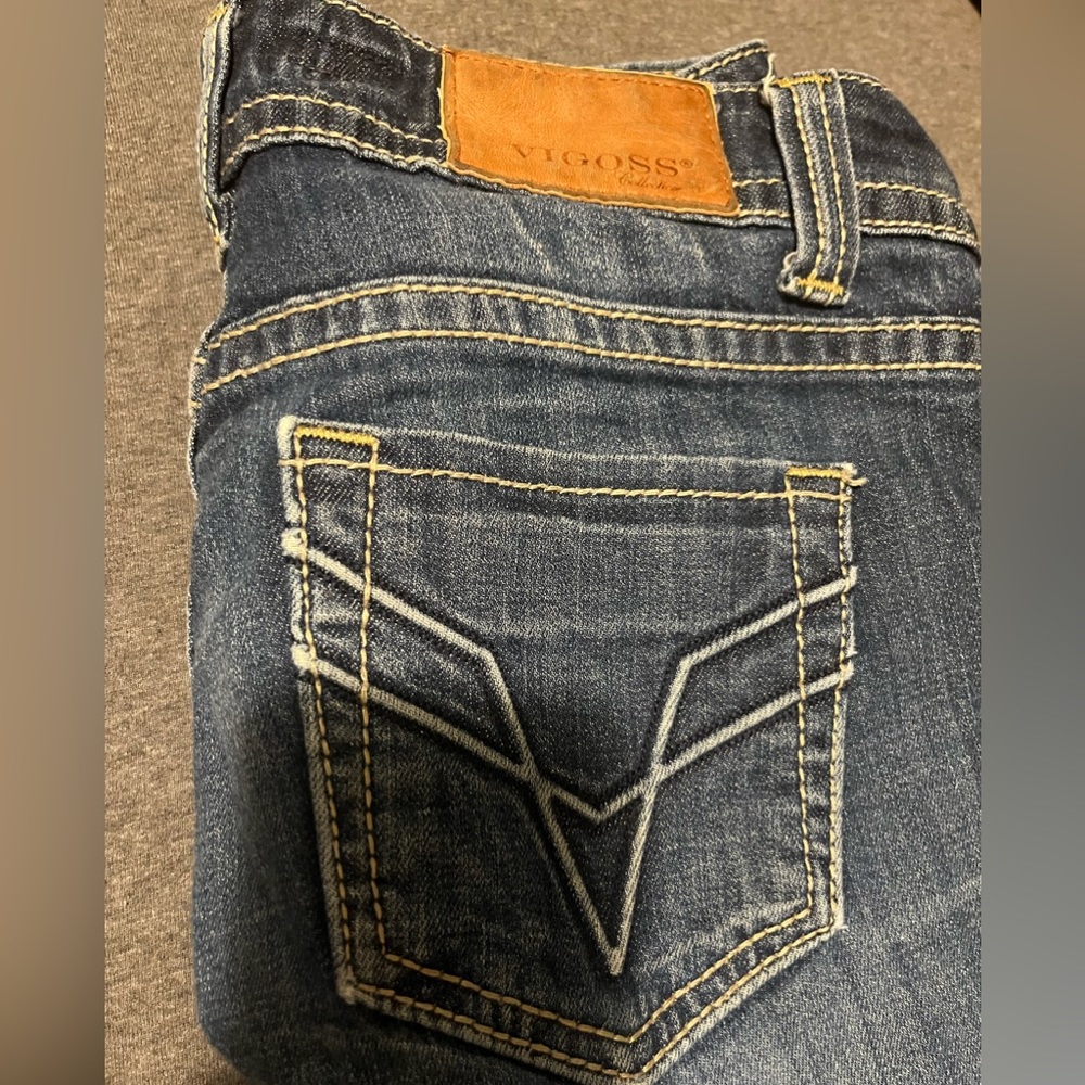 boot cut, dark blue jeans
